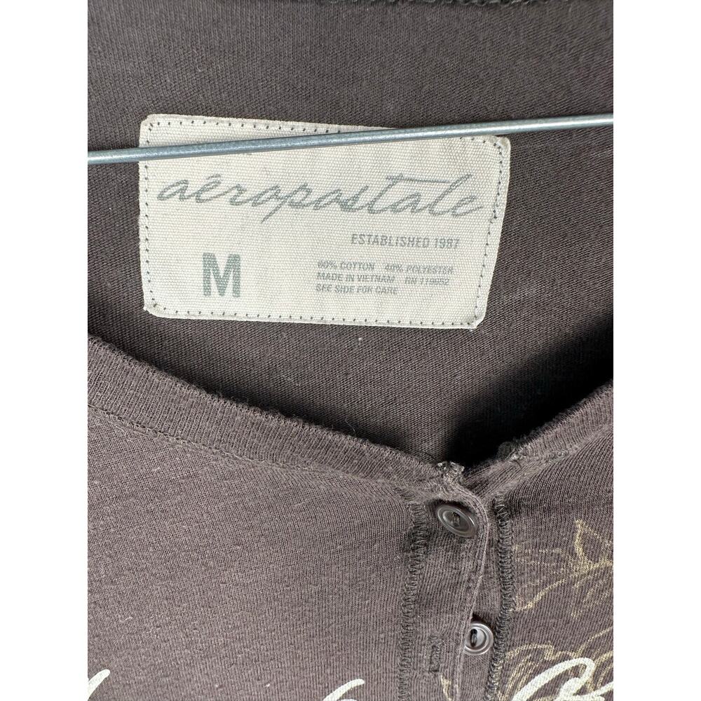 Aéropostale Women's Floral Script Long Sleeve Brown Henley Shirt vtg Y2K Medium - Picture 2 of 7
